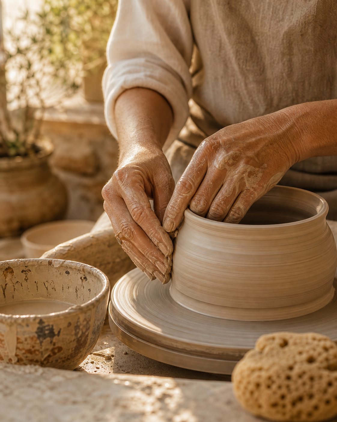 Hands shaping clay in warm natural atelier light.